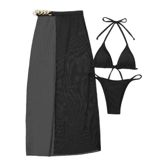 E8BF-traje de baño con falda para mujer, bañador Sexy de Color negro, conjunto de correa delicada, ropa de playa informal y fina
