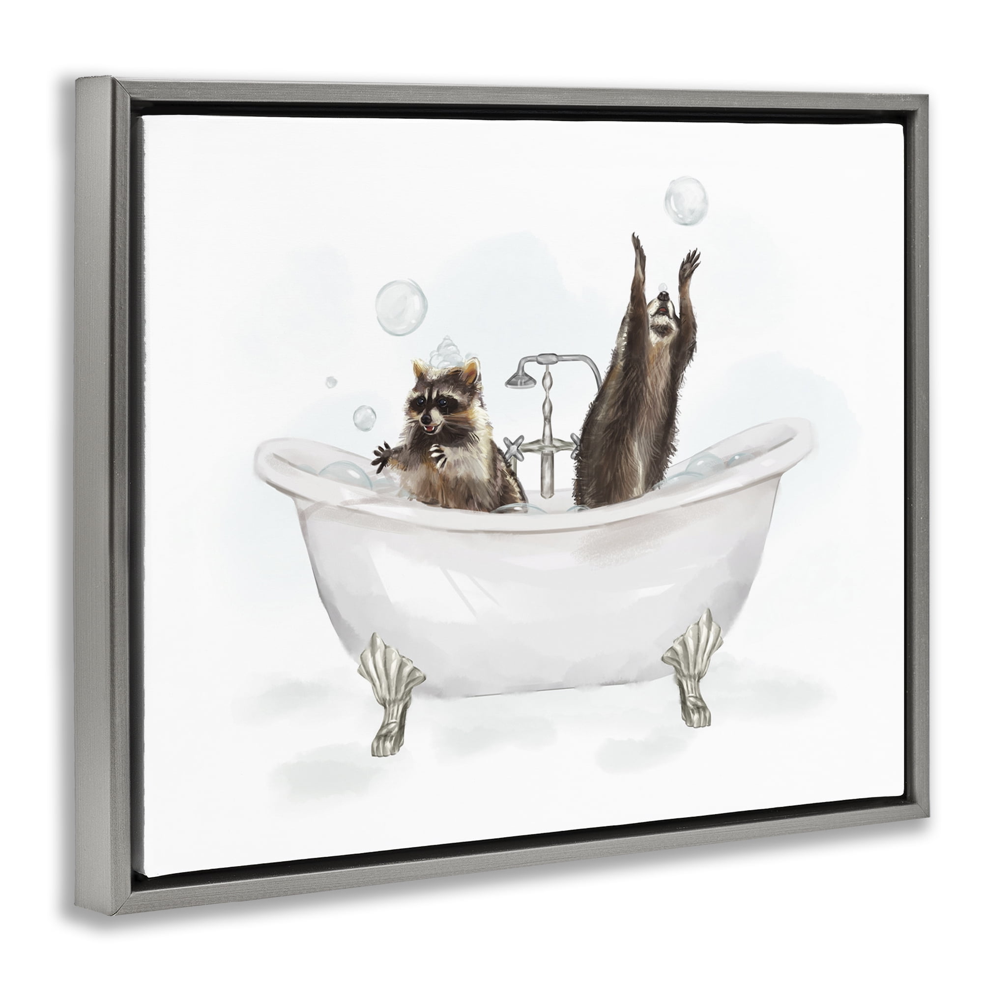 Stupell Industries Raccoons Catching Bubbles Typography Painting Gray Floater Framed Canvas Art Print Wall Art, 31 x 25