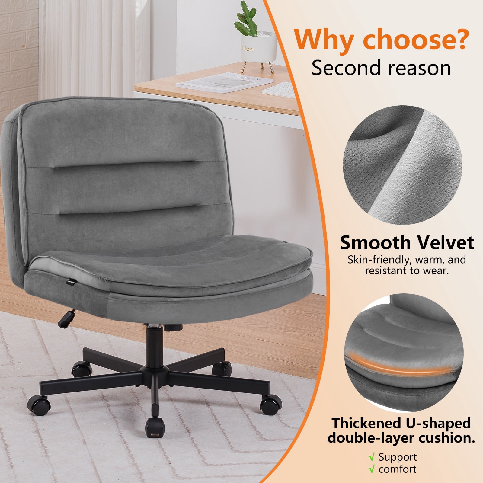 COMHOMA Armless Office Desk Chair, Criss Cross Swivel Chair with Wheels, Wide Seat Adult Vanity Chair for Home Office , Gray