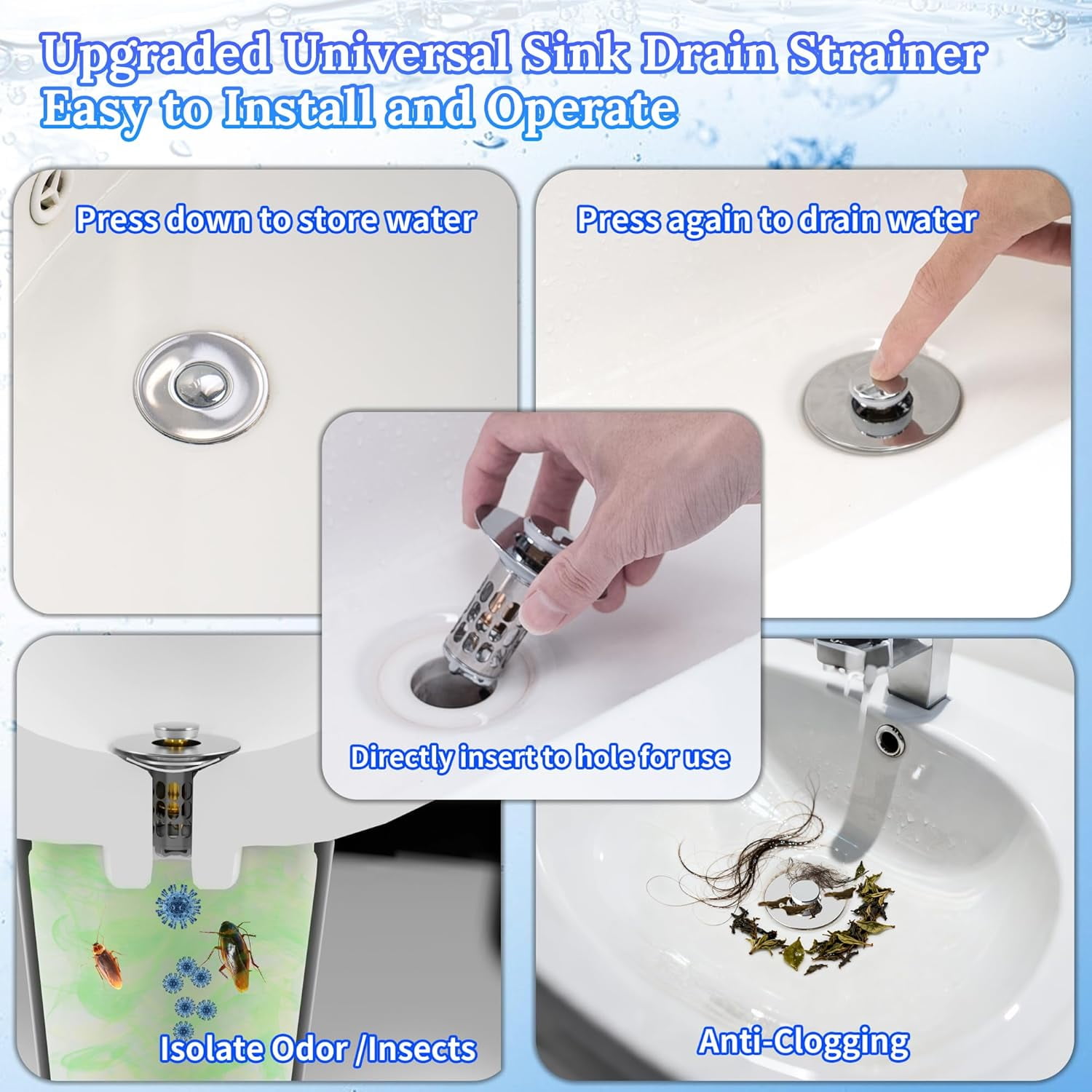 2pcs Silver Pop up Bathroom Sink Drain Strainer,Universal Sink Stopper Bathroom Drain with Filter Basket,Bathroom Sink Stopper Hair Catcher for 1.06"~1.61" Drain Hole