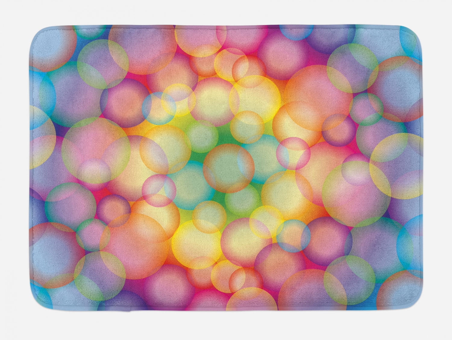 Modern Bath Mat, Colorful Hazy Balls Circular Hoops Bubbles Vibrant