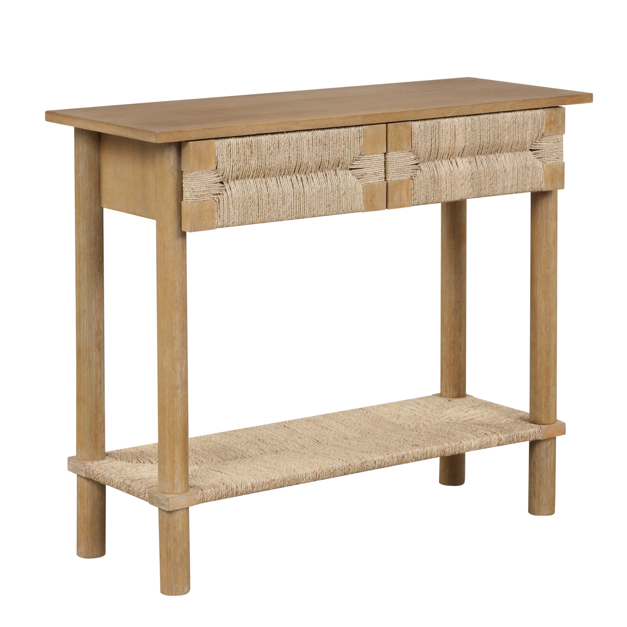Nathan James Beacon Wooden Sofa Console Table with Drawers, Bohemian Entryway Table, Hallway Table with Seagrass Shelf, Light Brown