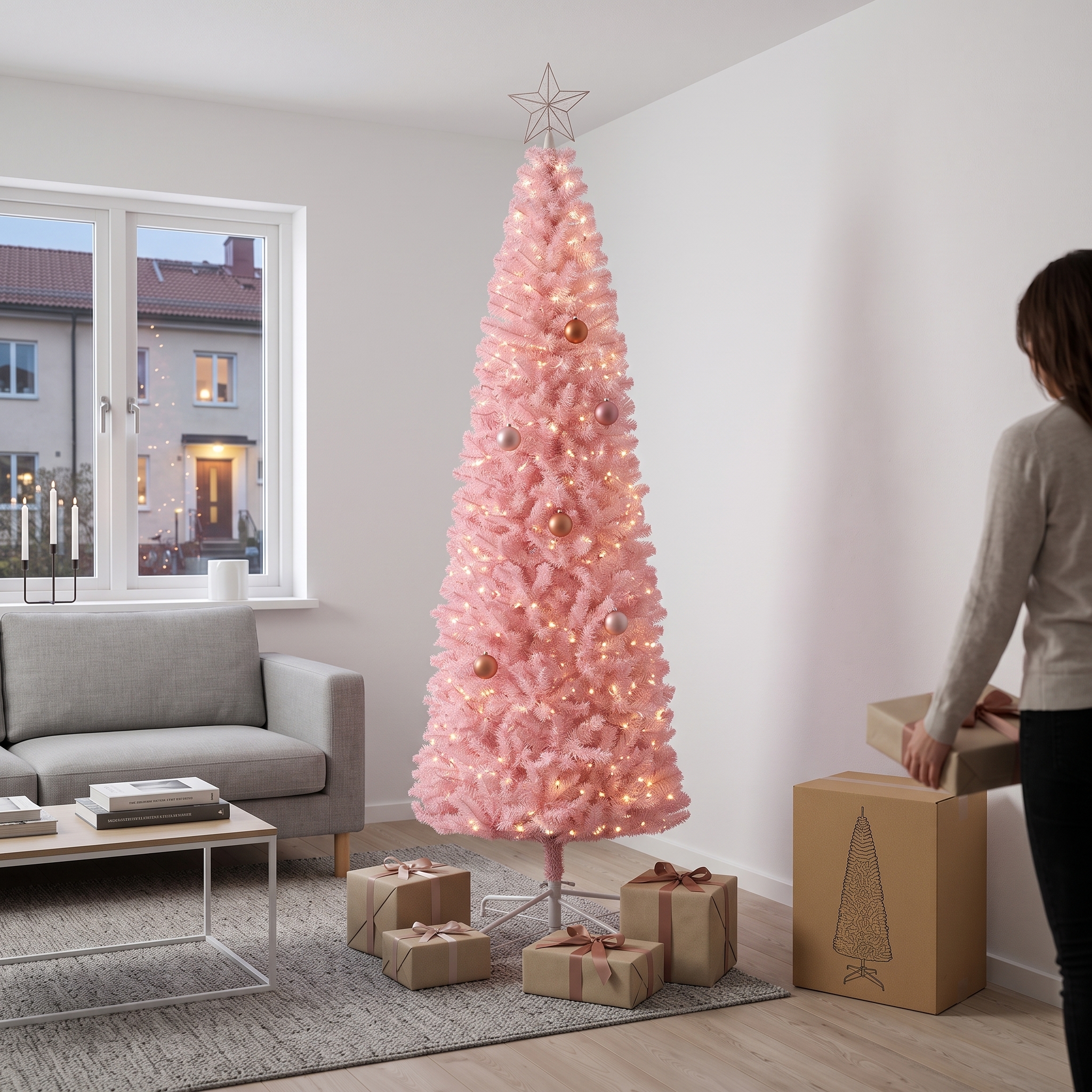 8FT Pencil Christmas Tree Unlit Artificial Slim Douglas Fir with 1168 Tips for Halloween and Holiday Decor