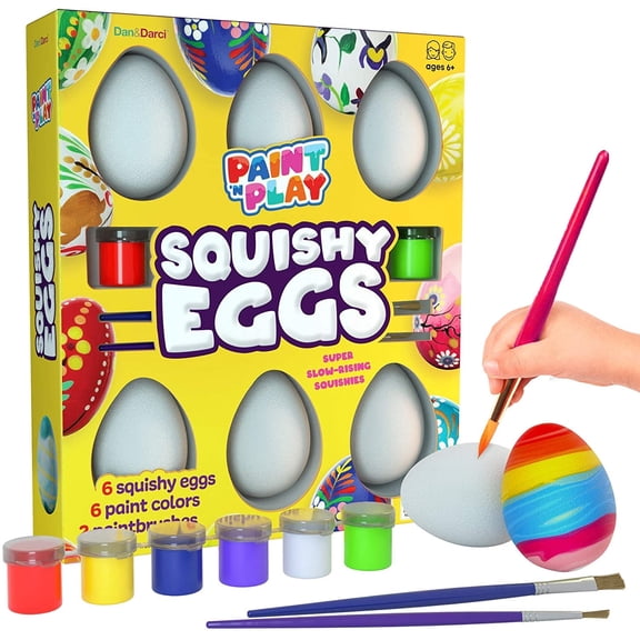 Dan&Darci Easter Egg Squishy Painting Kit - Arts and Crafts for Girls and Boys - Kids Art Activities - Craft Gift for Kids Ages 4-10 year old Girls - Decorate 6 Slow Rising White Squishies with Paint