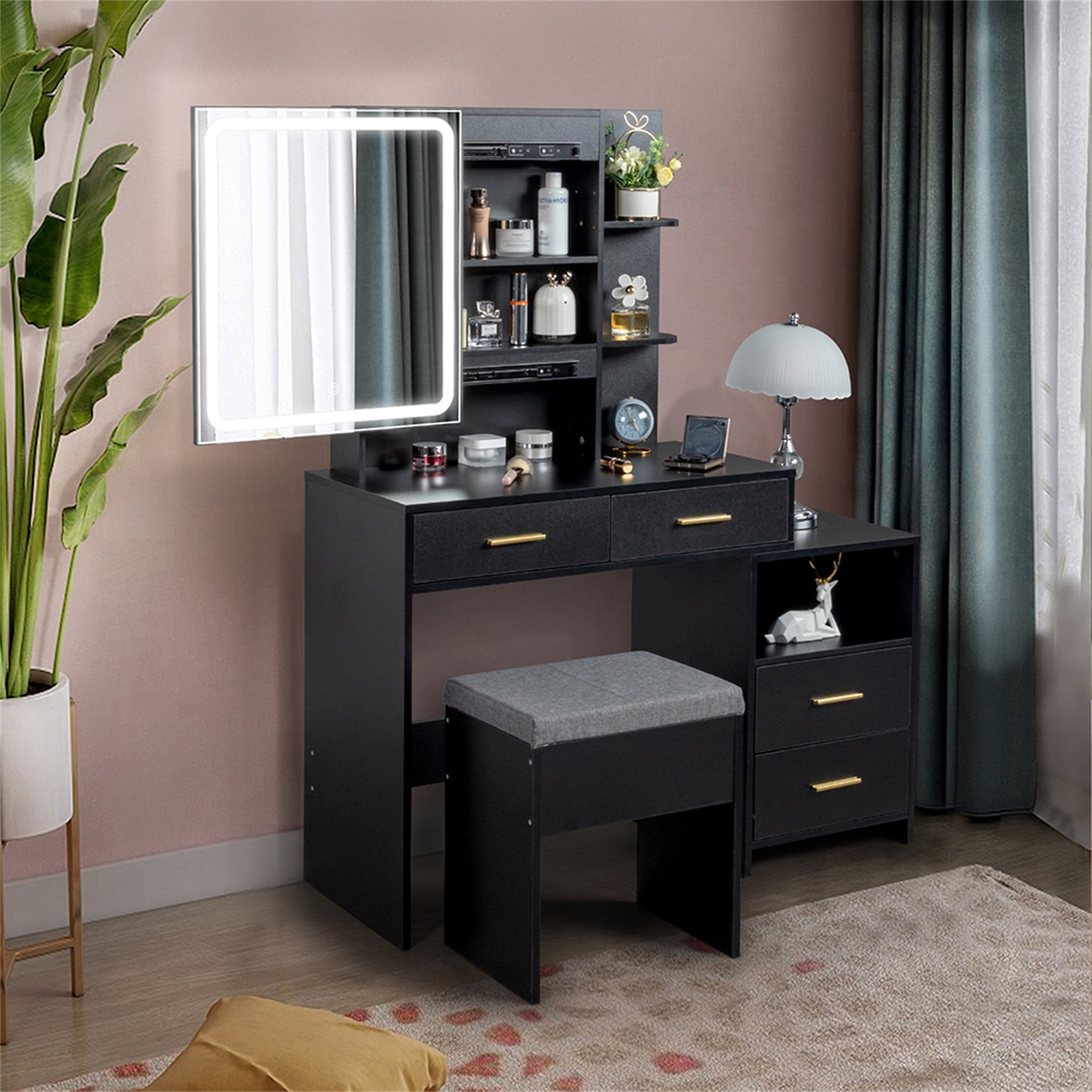 Kadyn Makeup Vanity with 4 Drawers and Mirror, Dressing Table Set Led Three-Tone Light, Black