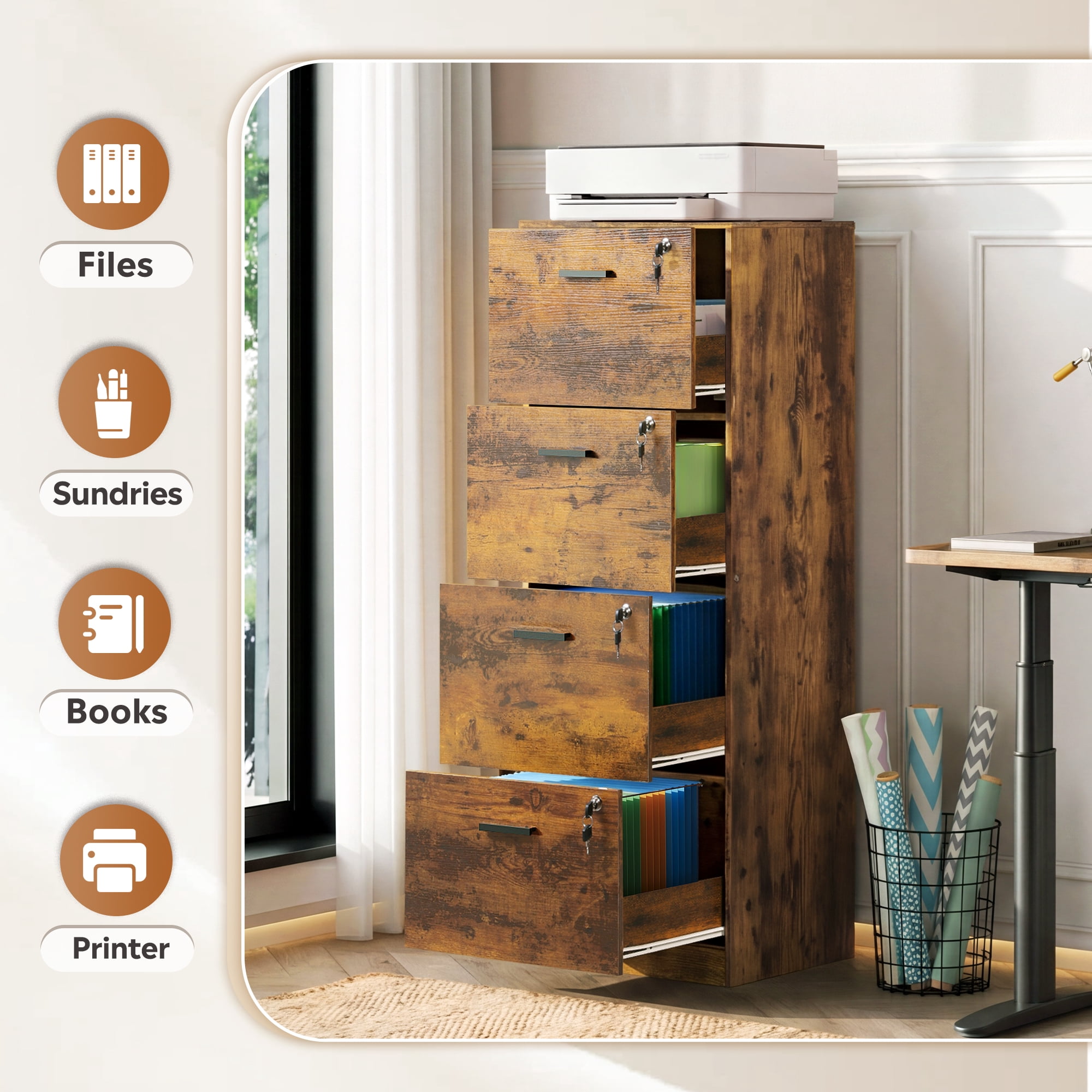 GALAXHERO 4 Drawer File Cabinet, Vertical Filing Cabinet with Lock and Key, Wood Storage Organizer for Home Office, Fit Letter/A4, Rustic Brown