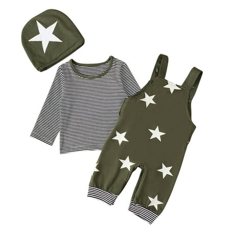 

Fesfesfes Toddler Boy Star Print Pattern Long Sleeve Overalls Clothes Hat Three-piece Sute