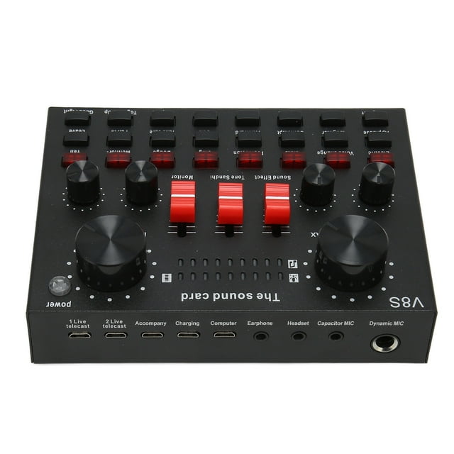 BT Live Sound Card Mini Sound Mixer Board with 8 Modes Voice Changer, Small Audio Mixing Console with 16 Sound Effects, for PC Recording Gaming Singing
