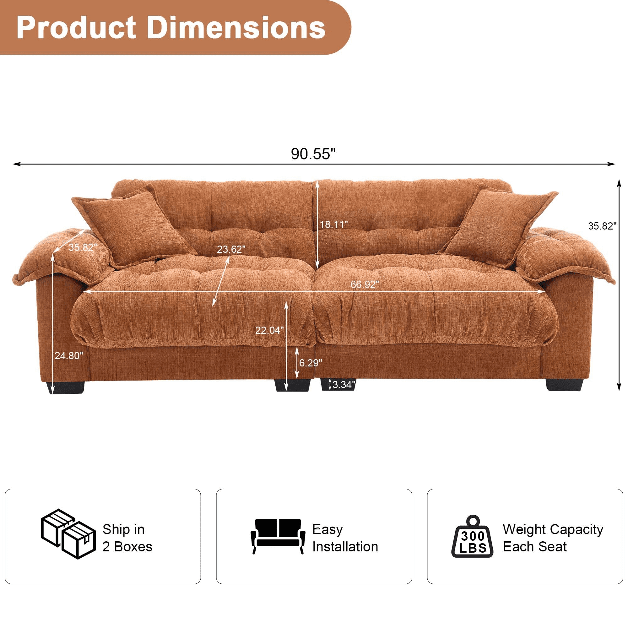 GNIXUU 90.5" Oversized Loveseat ,Chenille Modern Cloud Couch Loveseat for Small Spaces, 2 Seater Sofa Comfy Sleeper Sofas Easy Assembly for Living Room ,Study Room, Office,Orange