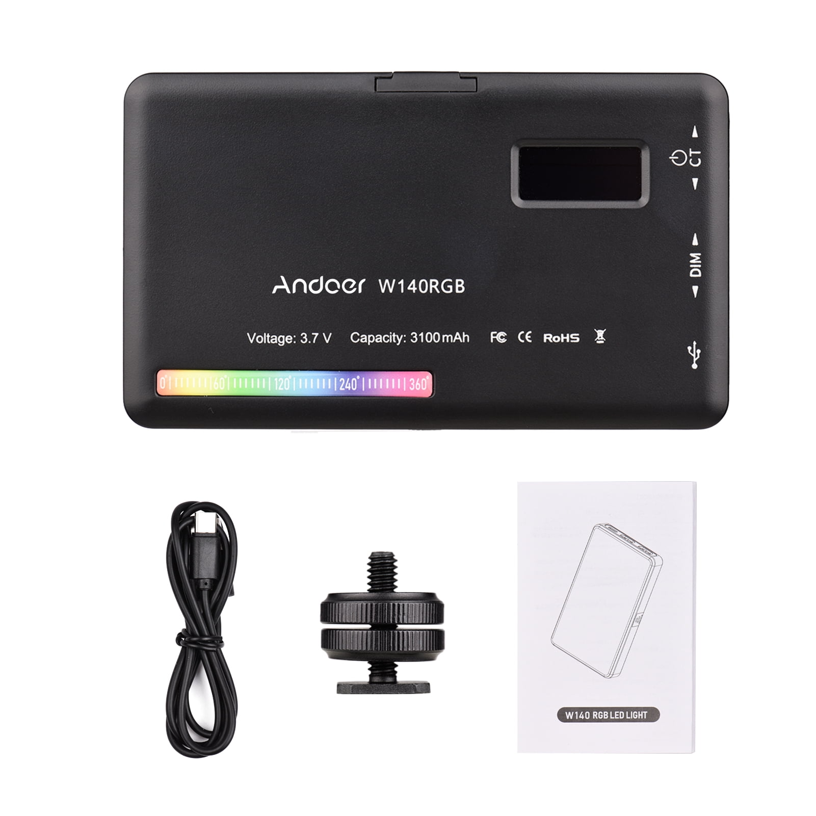 Andoer W140 RGB LED Video Light Rechargeable Photography Fill Light CRI95+ 2500K-9000K Dimmable
