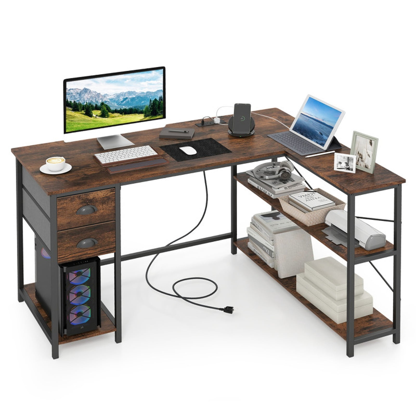 Furnibear L Shaped Desk with Charging Station, Corner Computer Desk with 2 Fabric Drawers Open Shelves and Metal Frame for Home Office, Rustic Brown