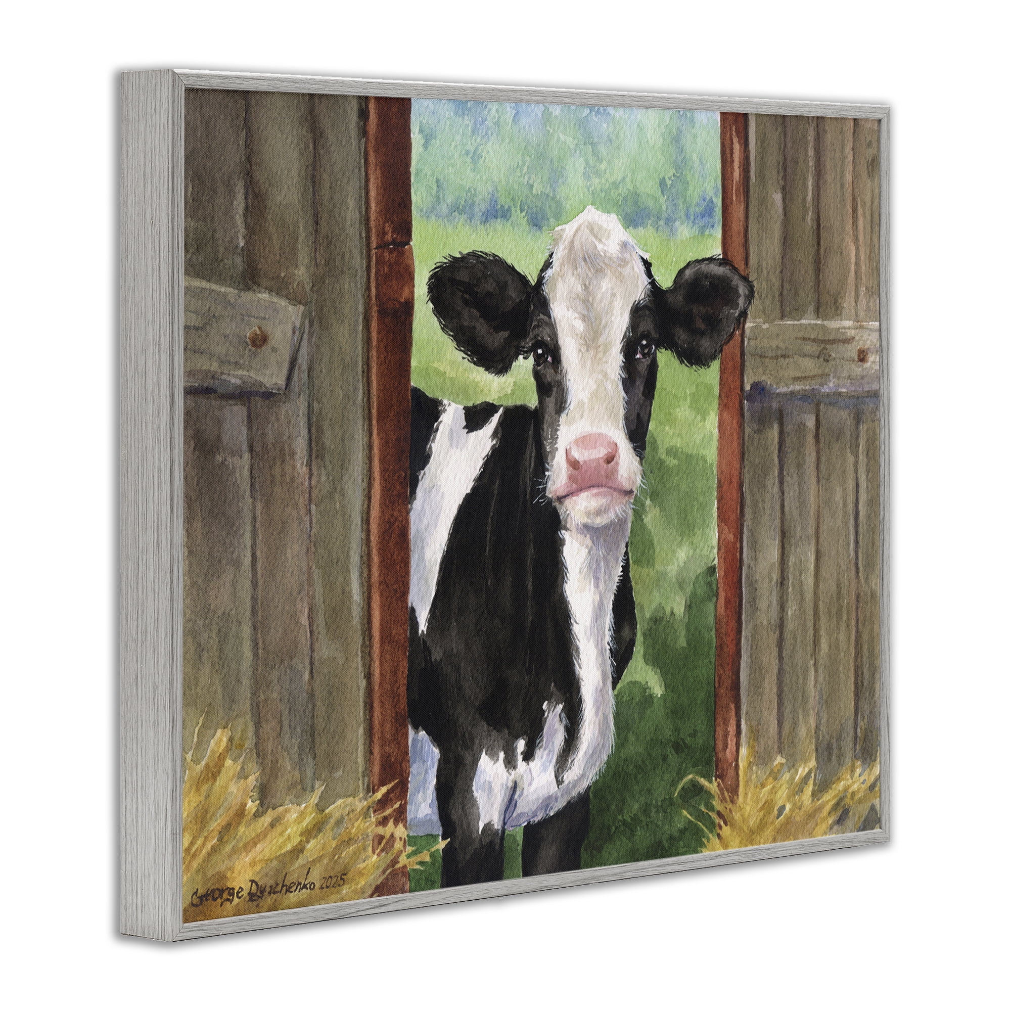 Stupell Industries Cow in Wooden Gate Gray Framed Giclee Art, design by George Dyachenko