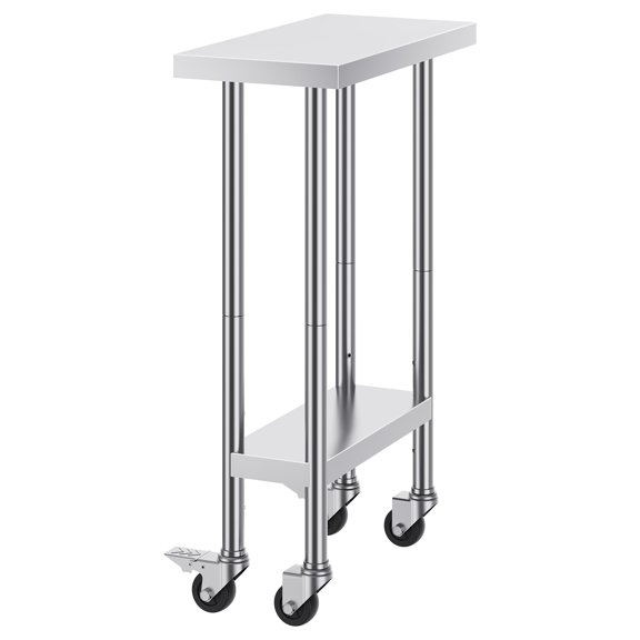 KFFKFF Silver Commercial Kitchen Workstation, 24 x 12 x 38 Inch, 500 LBS Weight Limit, Equipped with 4 Casters, 3 Height Adjustment Options, Robust Food Preparation Table