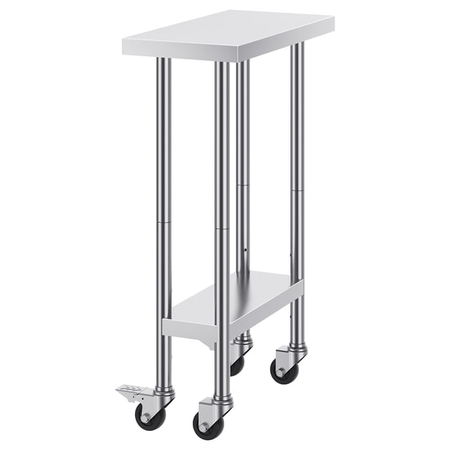 KFFKFF Poste de Travail de Cuisine Commercial Argenté, 24 x 12 x 38 Pouces, Limite de Poids de 500 LBS, Équipé de 4 Roulettes, 3 Options de Réglage de Hauteur, Table de Préparation Alimentaire Robuste