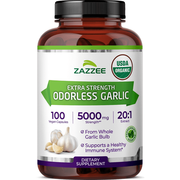 Zazzee USDA Organic Odorless Garlic 20:1 Extract, 5000 mg Strength – 100 Vegan Capsules – 3  Month Supply – Standardized, Concentrated 20X Extract – Cardiovascular & Immune Support, Made in USA