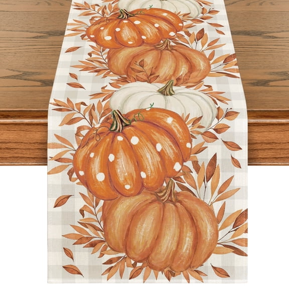 Smile Buffalo Plaid Orange Pumpkins Eucalyptus Fall Table Runner, Autumn Thanksgiving Kitchen Dining Table Decoration for Home Party Decor 13x72 Inch