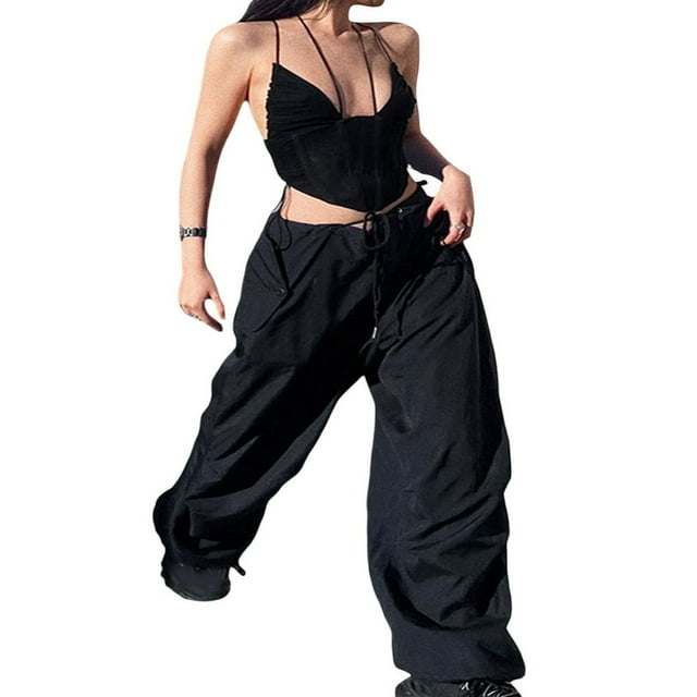 Women Casual Trousers with Solid Color Elastic Waist Drawstring Loose Version Summer Clothing