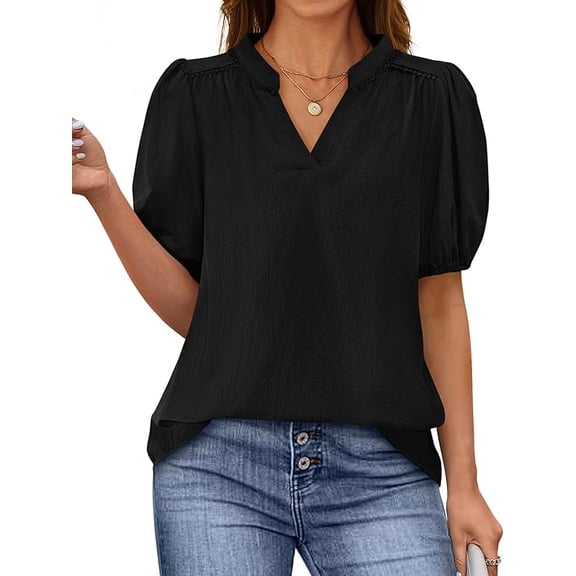 PRETTYGARDEN Womens Casual Summer Tops V Neck Short Puff Sleeve Pleated Cotton T Shirts Loose Dressy Blouses
