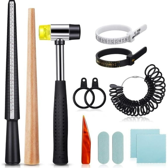 11 Pieces Us UK Ring Mandrel Set, Size 1-13 with Half Size Ring Sizer Gauge Jewelry Mandrel Jewelry Hammer Adjuster Polishing Cloth Measuring Tool