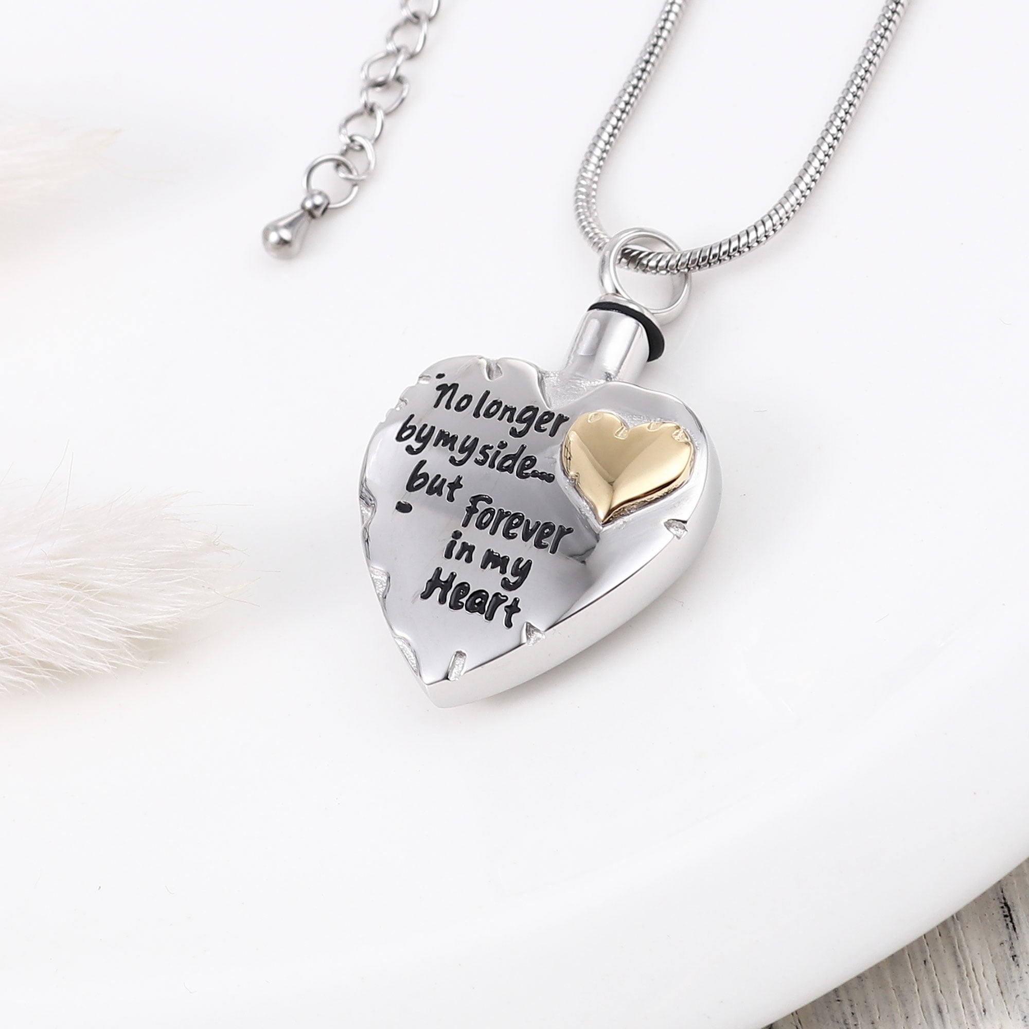 Double Ring Cremation Urn Ashes Necklace No Longer by My Side,Forever in My Heart Carved Locket Waterproof Memorial Pendant 