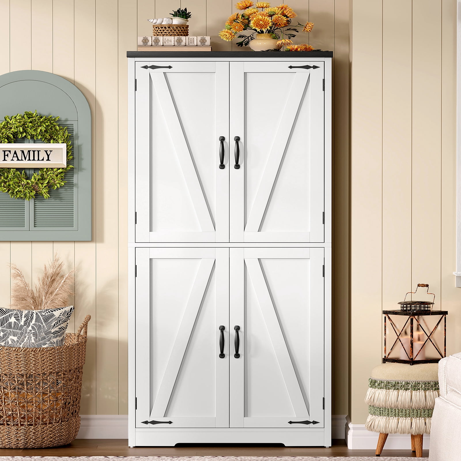 58.27” Kitchen Pantry Cabinets With 4 Doors, Storage Cabinets, Cupboard, Tall Bathroom Cabinets For Dinning Room, Living Room, White
