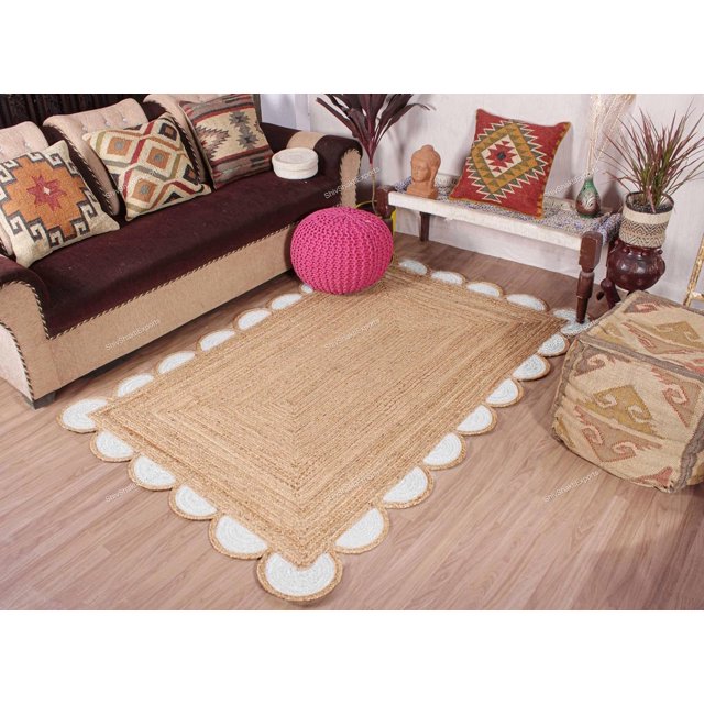 Natural Scalloped Jute Runner Rug for Entryway, Braided Jute Runner Rug for Kitchen,Reversible Indoor & Outdoor Jute Rug for Entryway, Hallway, Kitchen Floor, Scallop Runner Rug (White, 2x18 ft)