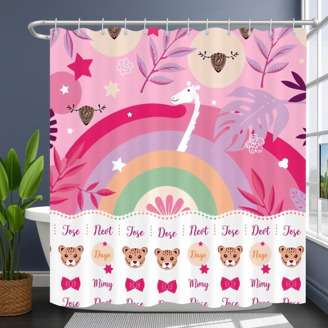 Cute Pink Rainbow Shower Curtain with Giraffe, Tigers & Edge