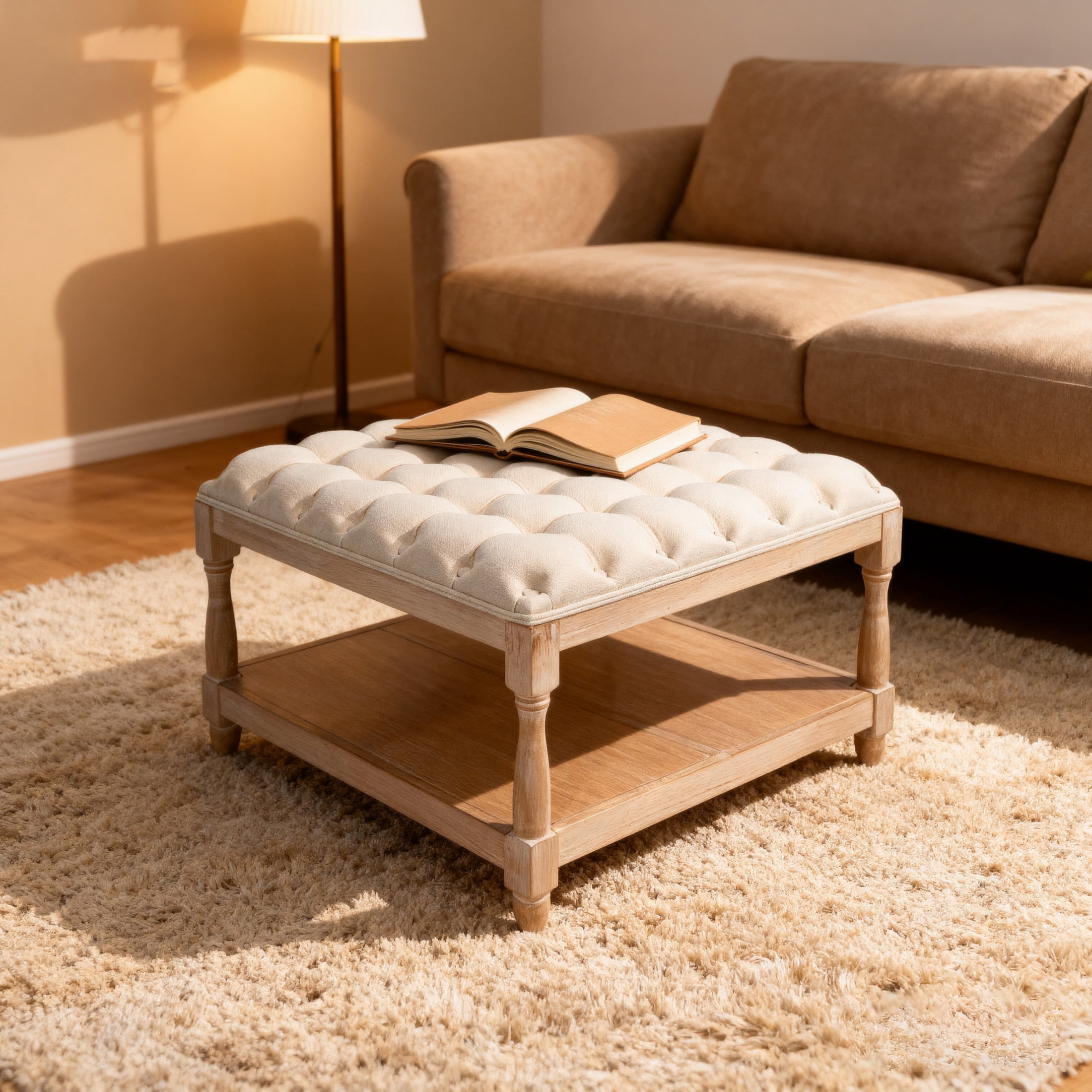 Noble House 33" Large Square Tufted Storage Ottoman Coffee Table with Storage Shelf and Solid Wood Base, Beige