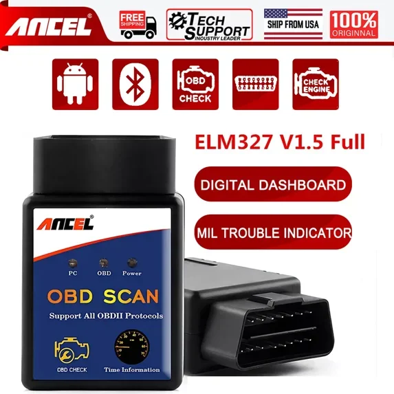ANCEL ELM327 V1.5 Bluetooth OBD2 Scanner Car Diagnostic Tool Engine Light Check