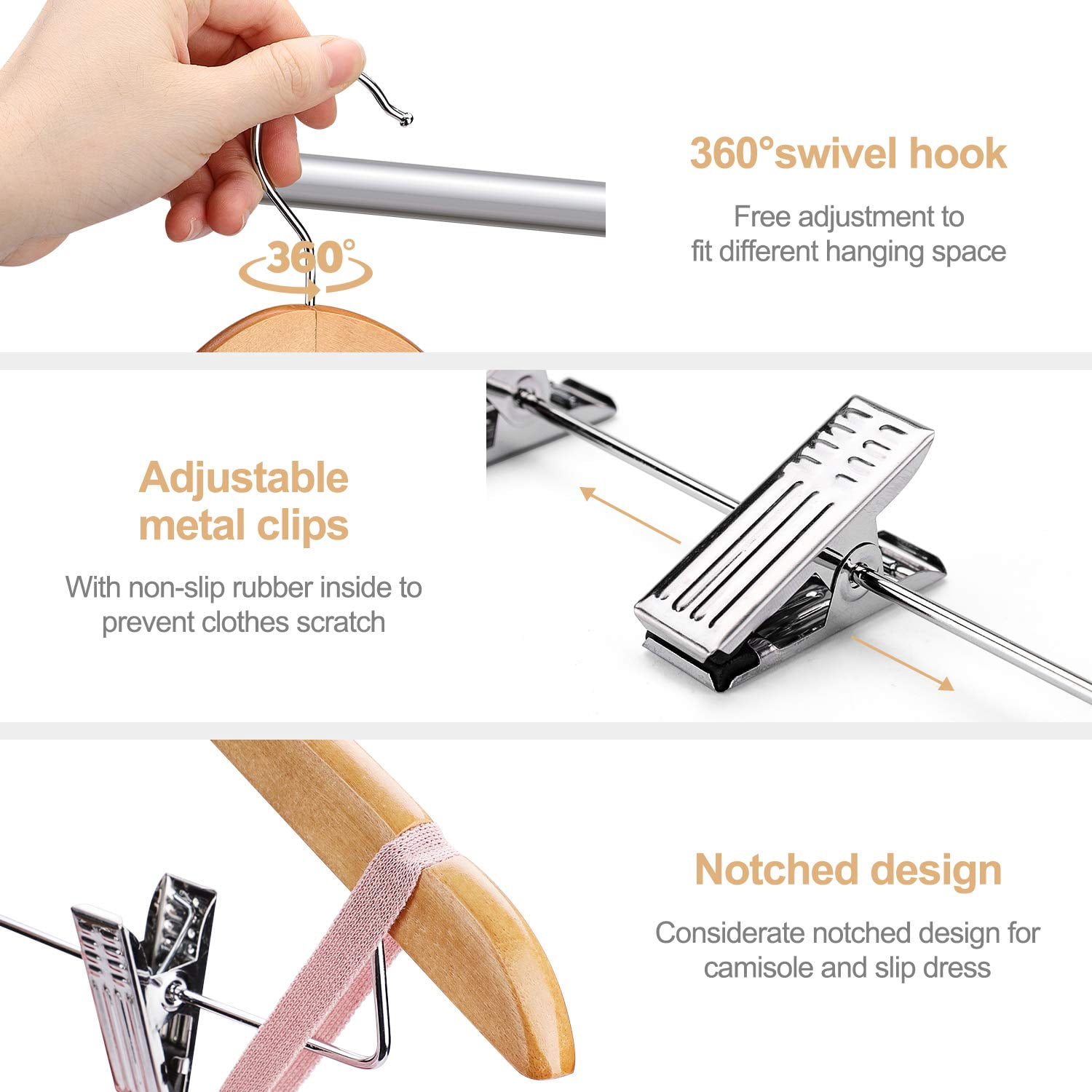 ACSTEP Wooden Hanger with Clips 12 Pack, Premium Coat Hanger, Wooden Clothing Hanger with Shoulder Grooves, 360 Degree Rotatable Hook, Natural
