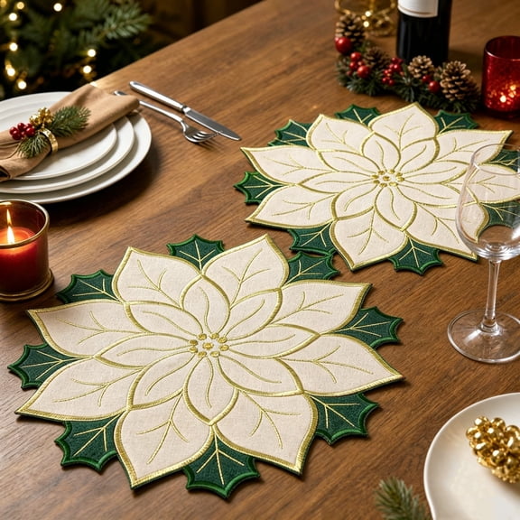 2 Piece Poinsettia Placemats, Embroidered Christmas Table Mats, 14 Inch Flower Shaped Dining Accents for Dinner Parties Buffets and Holiday Centerpieces, Red or White Set