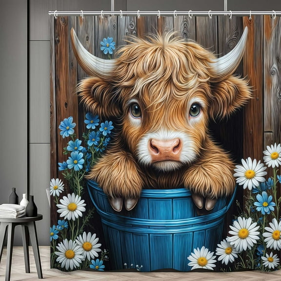 Funny Highland Cow Shower Curtain Bathroom Decor 72Wx72H Blue Western Rustic Cute Farmhouse Rustic Bull Floral Country Flower Plant Bath Curtains Art Printed Wood Polyester Waterproof 12 Hooks