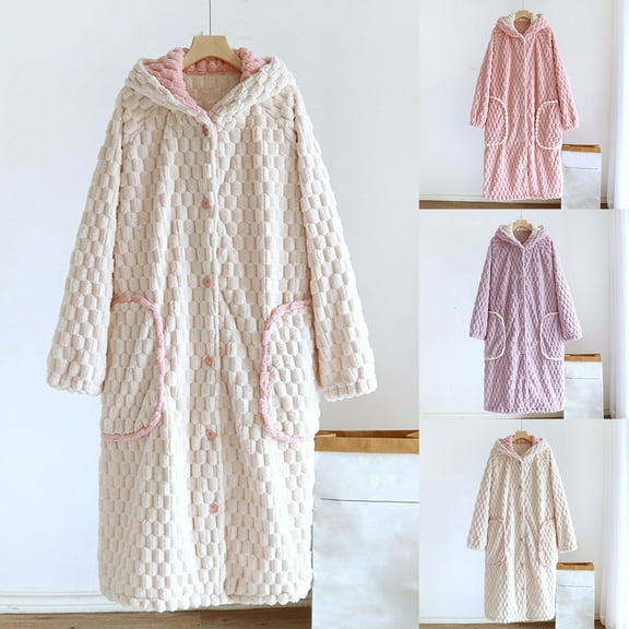 CFLVAEK Flannel Robes for Women with Hood Cozy Thermal Winter Robe Loose Fitted Button Down Sleepwear with Pockets Long Sleeve Loungewear Beige M