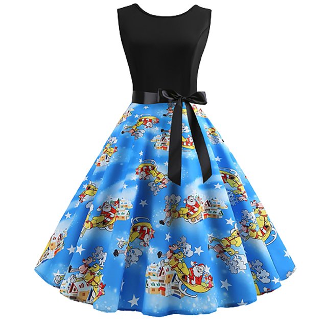 Pompotops Robe Vintage Sans Manches à Col en V pour Femmes, Soirée de Noël