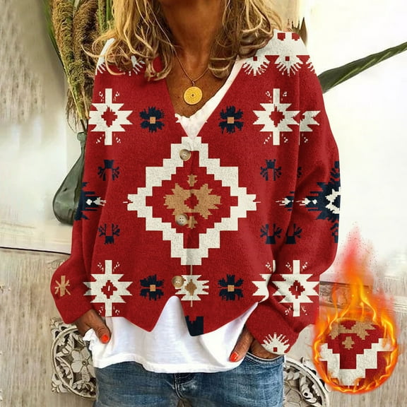 Amidoa Women's Sweaters Long Sleeve Button up Cardigan Red Graphic Fleece Plus Size Cardigans Womens Sweaters Cardigan L