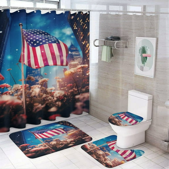 Independence Day Of The United States Flag Shower Curtain Sets with Rugs 4 Piece Rustic