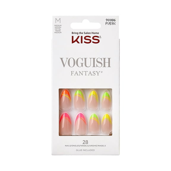 KISS Voguish Fantasy Medium Almond Glue-On Summer Nails, Multi-Neon, 28 Pieces