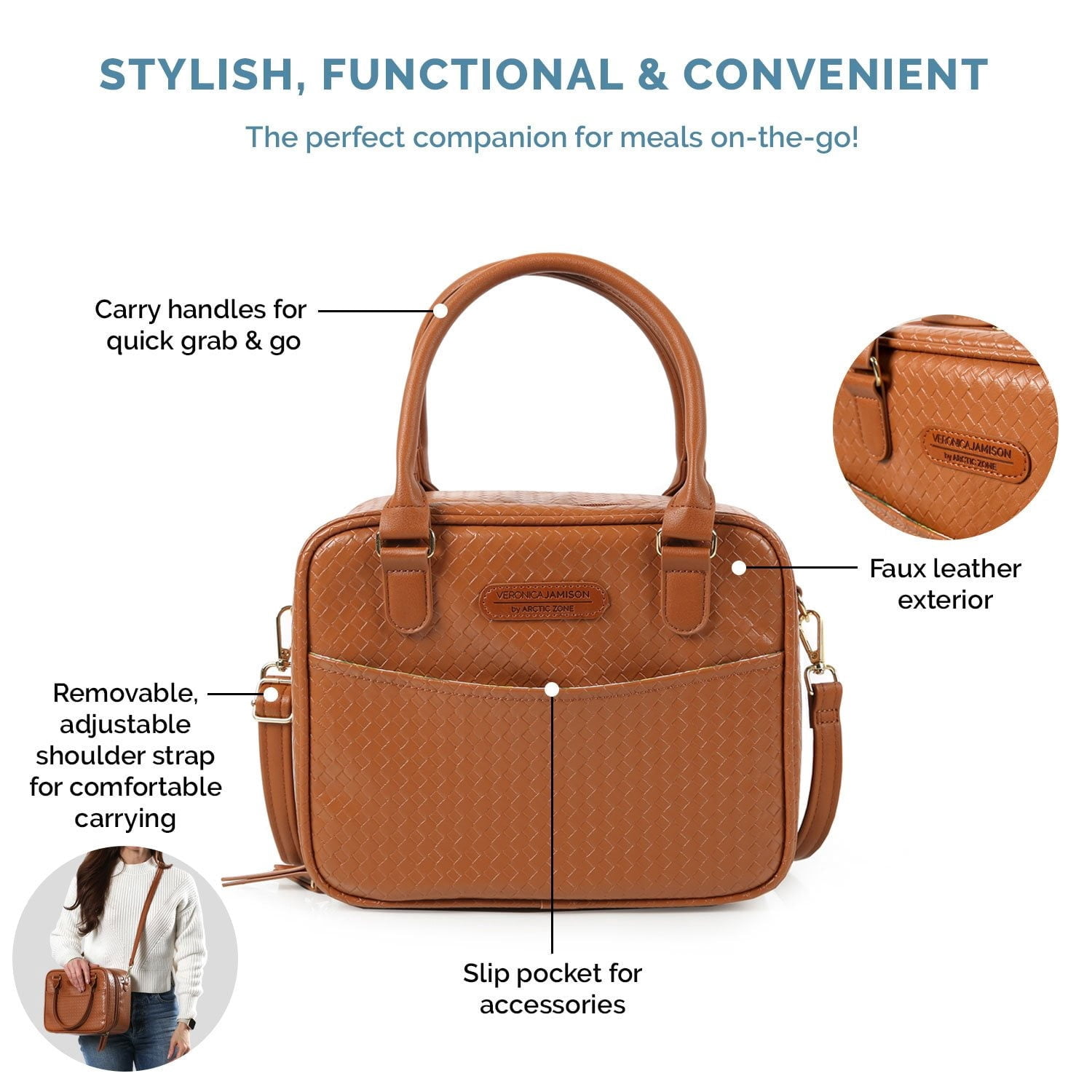 Arctic Zone Veronica Jamison Hampton Faux Leather Lunch Tote Lunch Bag w/Food Storage & Ice Pack, Brown Woven
