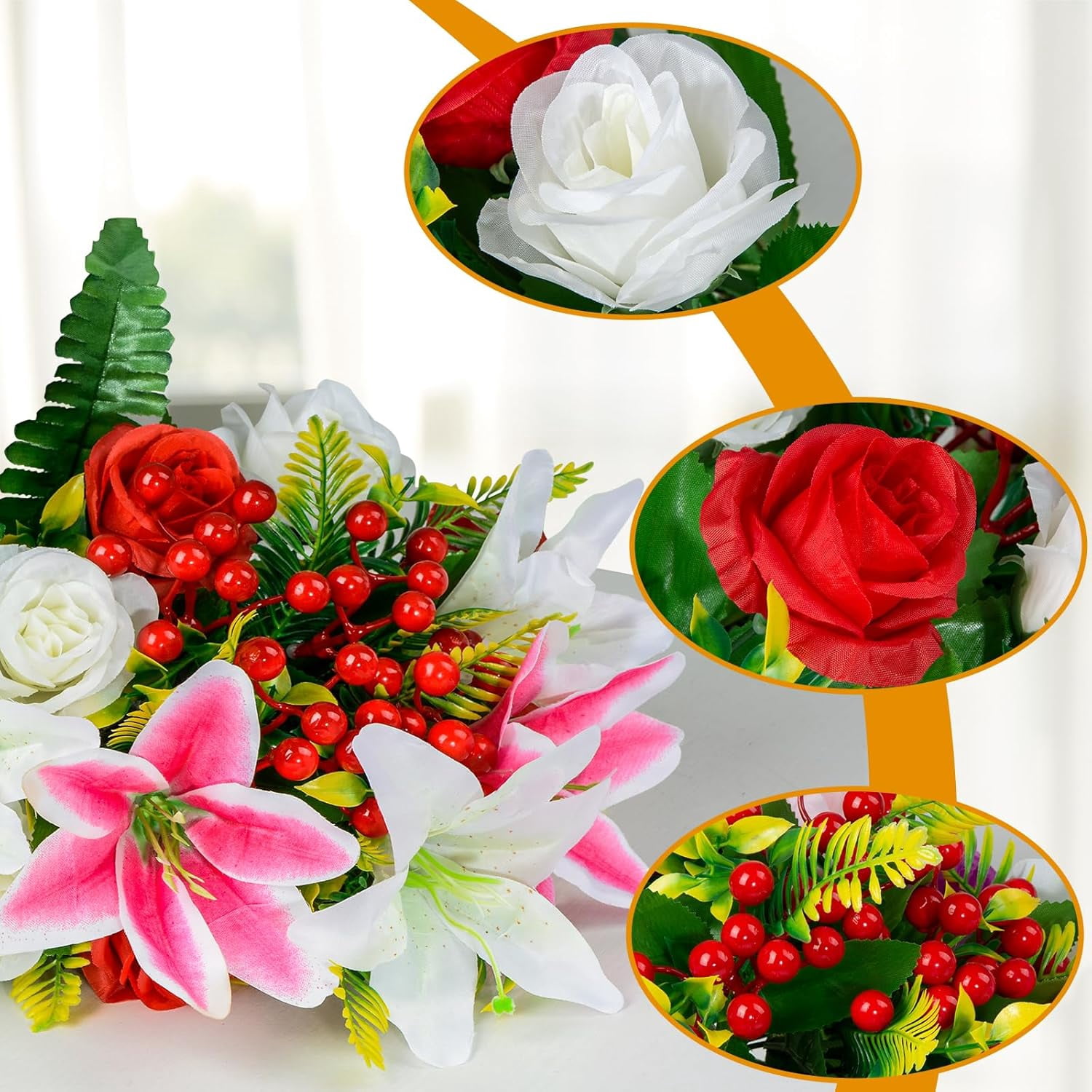 Artificial Cemetery Flowers with Vase, Artificial Rose Lily Bouquet Grave Memorial Flowers for Cemetery Headstones Gravesites Decoration (Set of 2, White&Red)