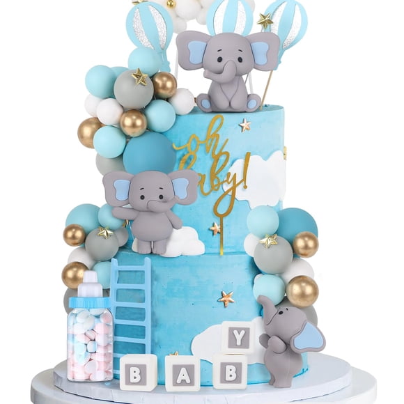 Acmee - Juego de 44 adornos para tartas de elefante, mini 3D con letras de bebé, botella de leche, bolas de espuma dorada, decoración de tartas para niños, ni&ntil