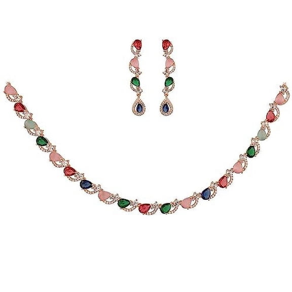 Ratnavali Jewels Women's Rose Gold Tone Multi Cubic Zirconia Single Line Pear Shape Sleek Necklace Earrings Set for Brides & Weddings.
