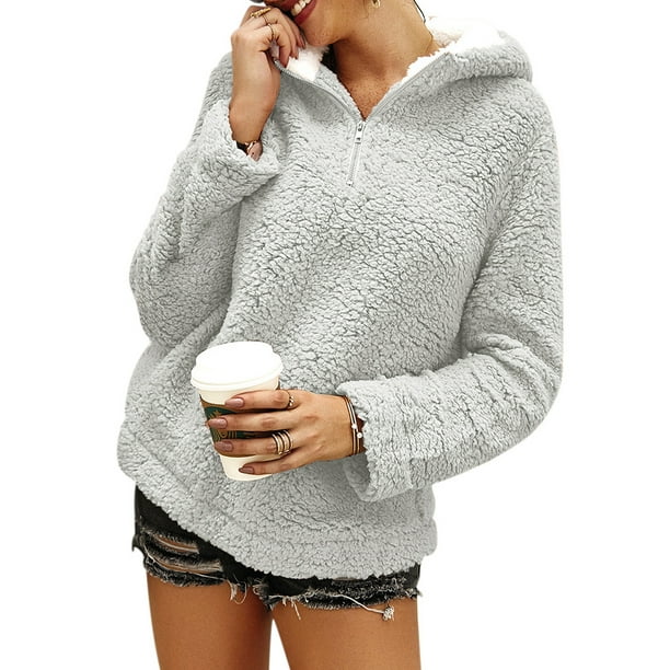 Casual High Neck Zipper Sherpa Sweater Sweatshirt for Women Long Sleeve  Fuzzy Fleece Plush Top - Walmart.com