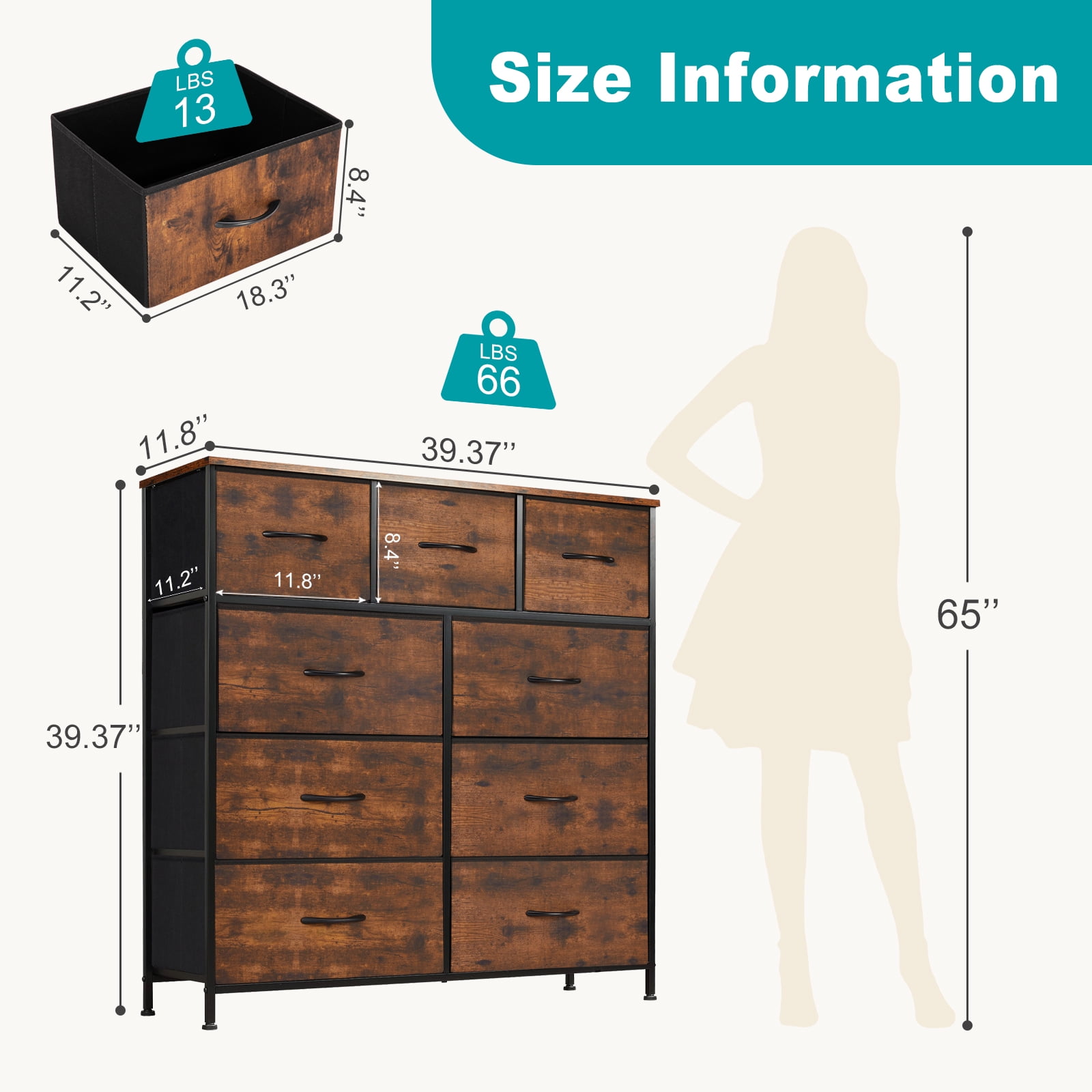 JIOABL 9 Drawer Chest Organizer with Fabric Bins, Dresser for Bedroom, Tall Steel Frame, Rustic Brown