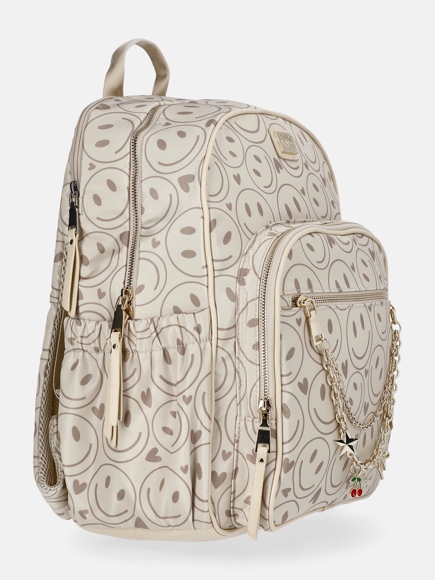 Madden NYC Women's Dome Backpack with Charm Chain Accent, Khaki Smiley