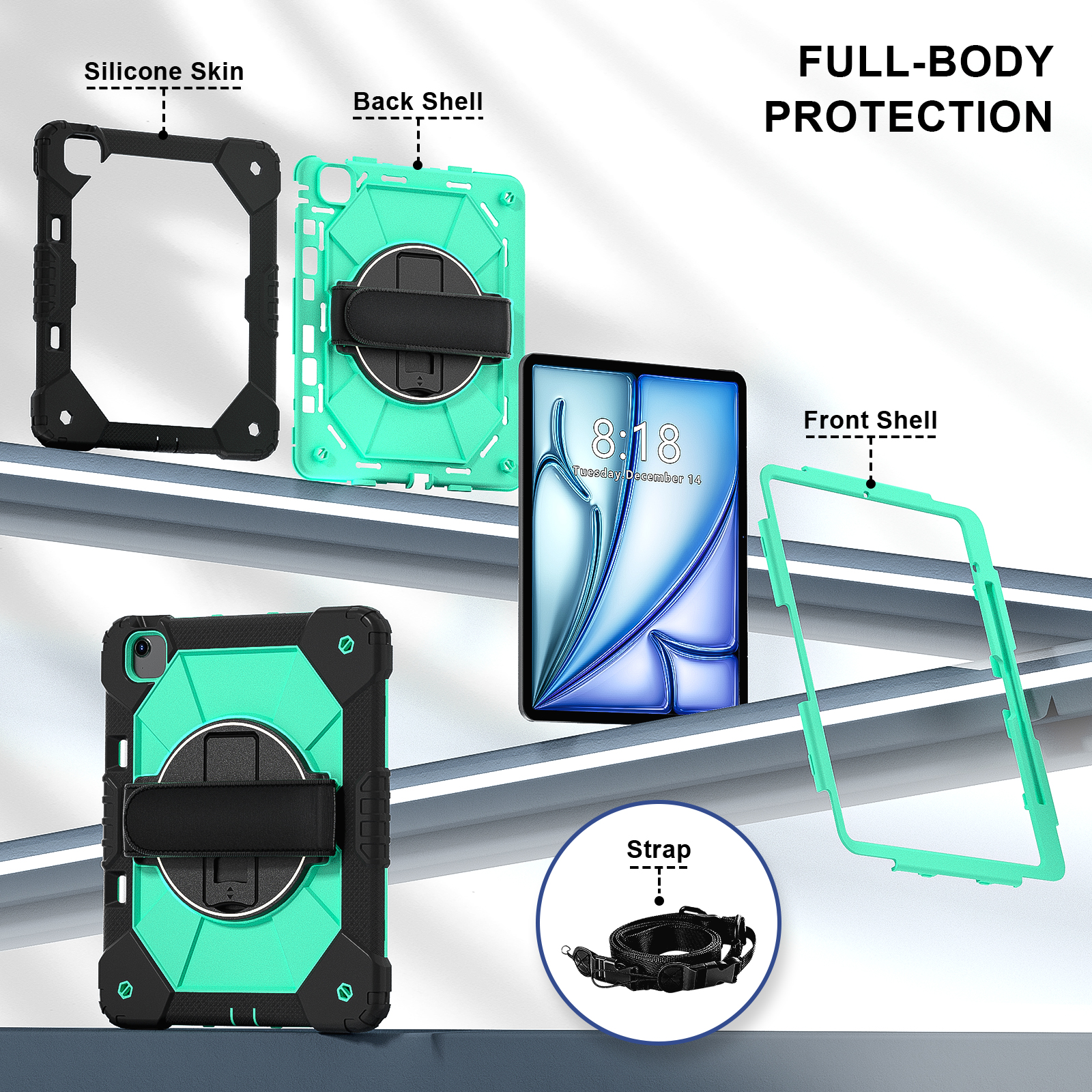Dteck Case for iPad Air 13 inch 2025/2024 (M3/M2) with Pencil Holder, Shockproof Silicone + PC 3 Layer Protection Case Heavy Duty 360° Rotating Hand Strap Kickstand Cover,Black+Mint