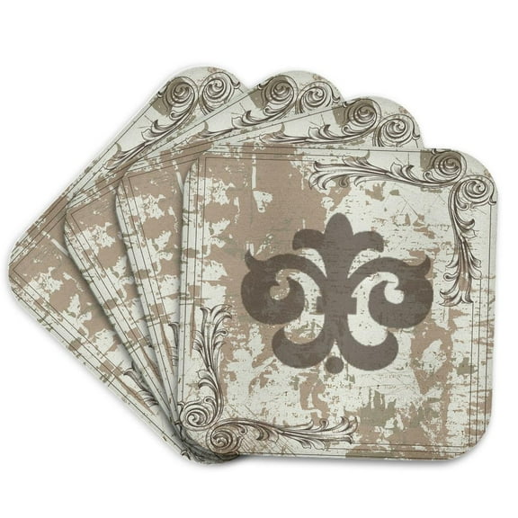 3drose, Gray Fleur De Lis on a Grunge Background, Set of 4 Coasters - Soft