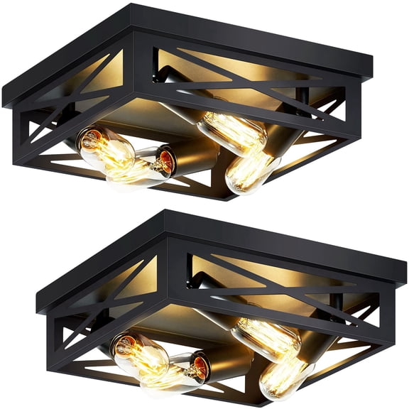 XPEHK 2 Pack 4-Light Matte Black Square Flush Mount Ceiling Light, Farmhouse Crisscross Metal Cage Close to Ceiling Lighting Fixture for Entryway Hallway Bedroom