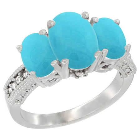 14K White Gold Diamond Natural Turquoise Ring 3-Stone Oval 8x6mm, size 5