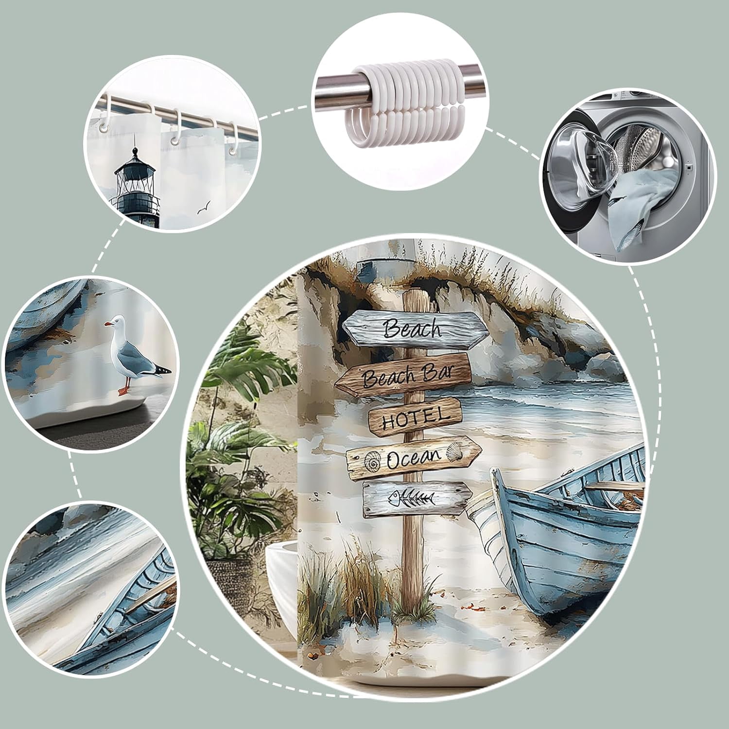 Nautical Coastal Shower Curtain Ocean Beach Lighthouse Seasides Sailboat Seagull Wild Grass Sea Waves Watercolor Seascape Bath Curtain Fabric Bathroom Accessories Decor with Hooks 72"W x 72"L