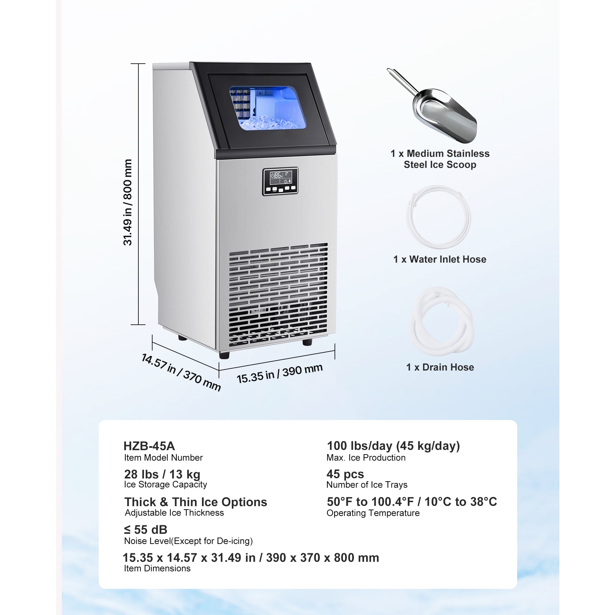 KFFKFF Commercial Ice Maker Machine, 100 lbs/24h Output with 28 lbs Storage, Produces 45 Cubes per Cycle, Stainless Steel Design for Freestanding or Under-Counter Use, Features LED Display